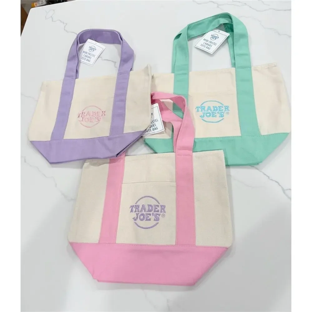 Trader Joe's Mini Pastel Canvas Tote Bags Lot of 3 Pink Purple Green cute set